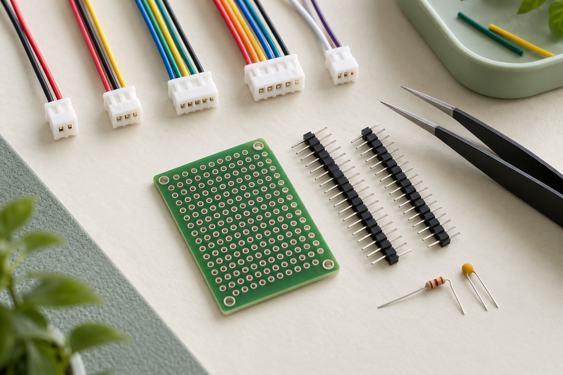 Illustrative close-up of connectors and prototyping accessories