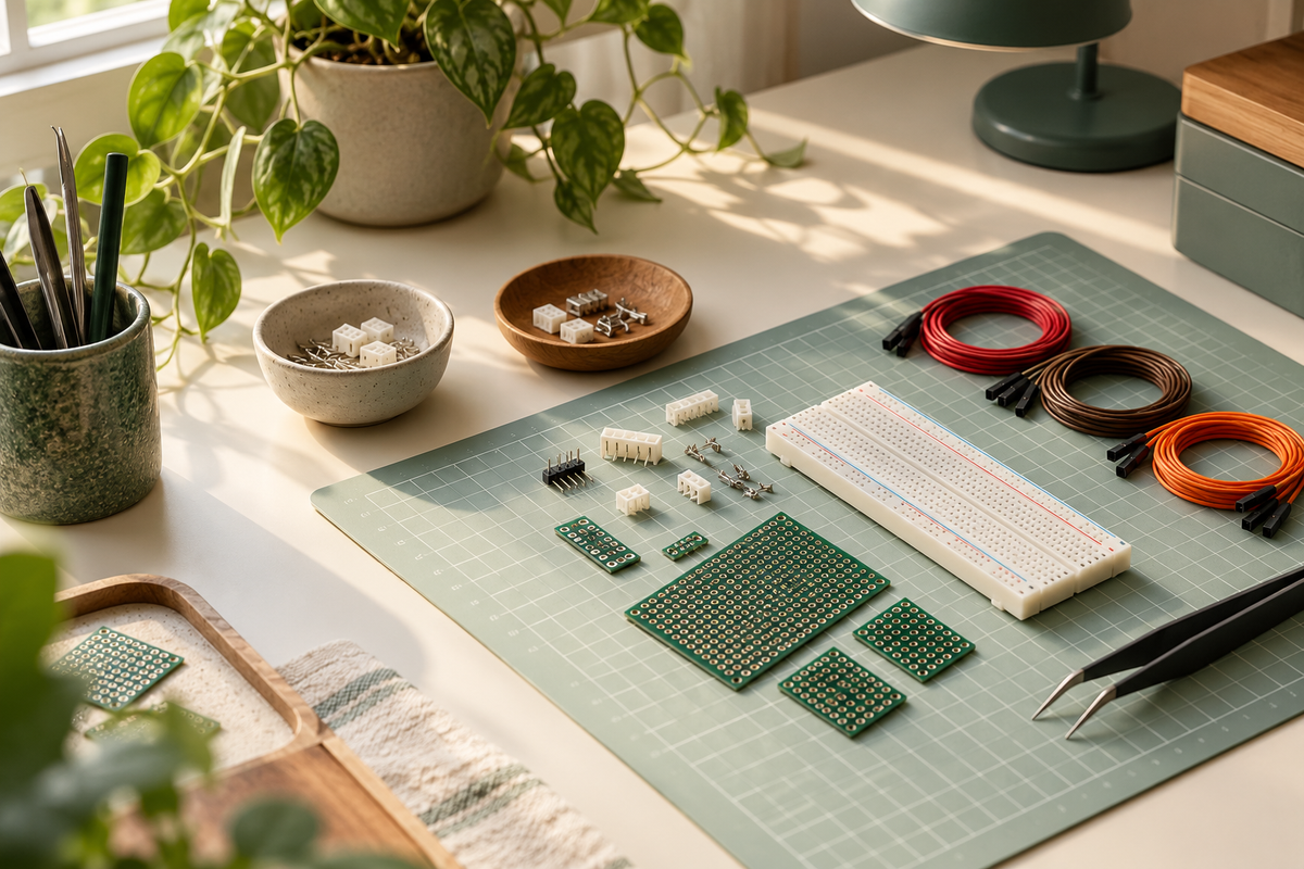 Illustrative electronic prototyping workbench with low-voltage wiring accessories